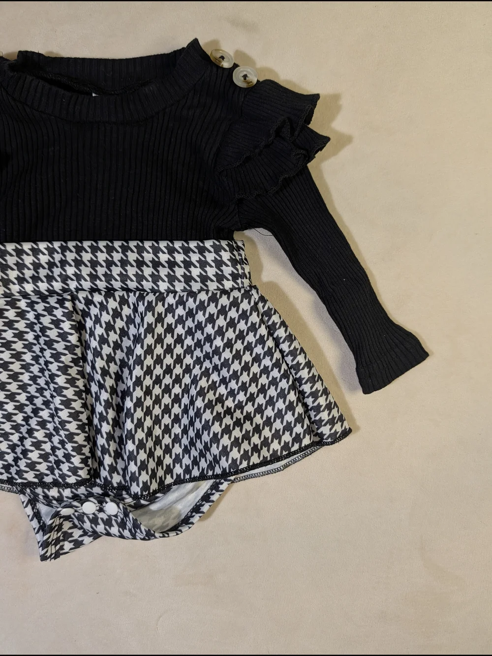 Black Ribbed Long Sleeve Bodysuit with Houndstooth Skirt